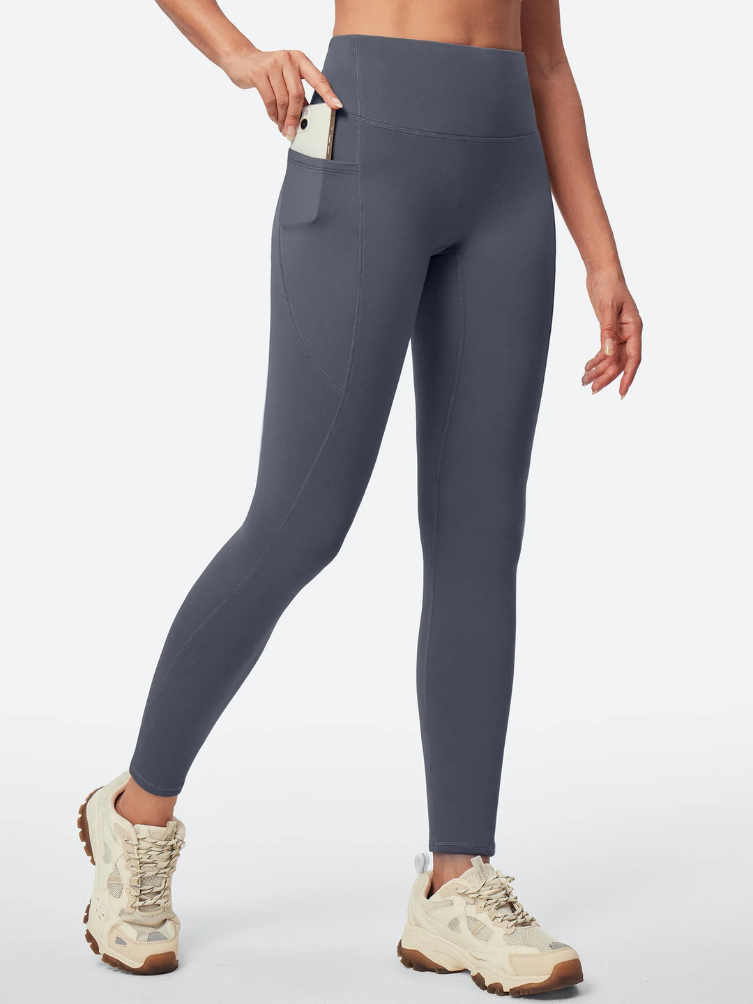 Leggings da donna a vita alta foderati in pile, senza cucitura anteriore e con tasche