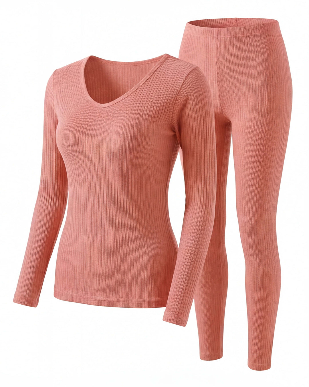 Completo termico da donna a coste con scollo a V e maniche lunghe