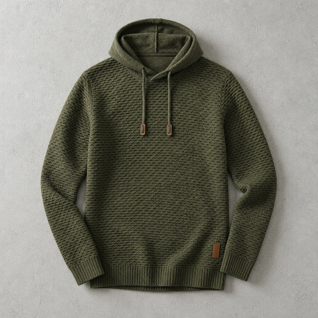 Gebreide hoodie voor heren met mandweefsel en trekkoord