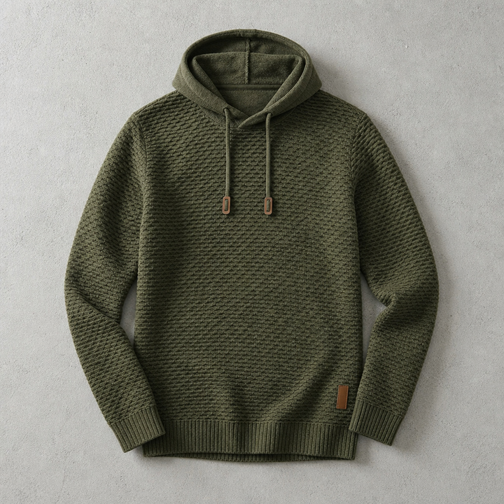 Gebreide hoodie voor heren met mandweefsel en trekkoord