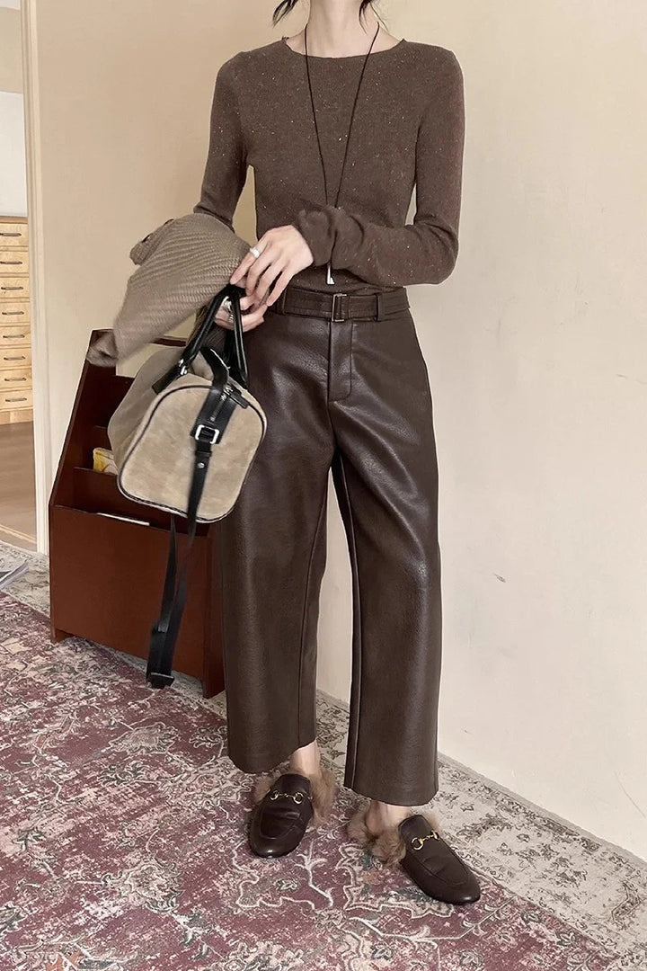 Women's Wide-Leg Trousers - Textured Matte PU Finish, Mid-Rise Waist