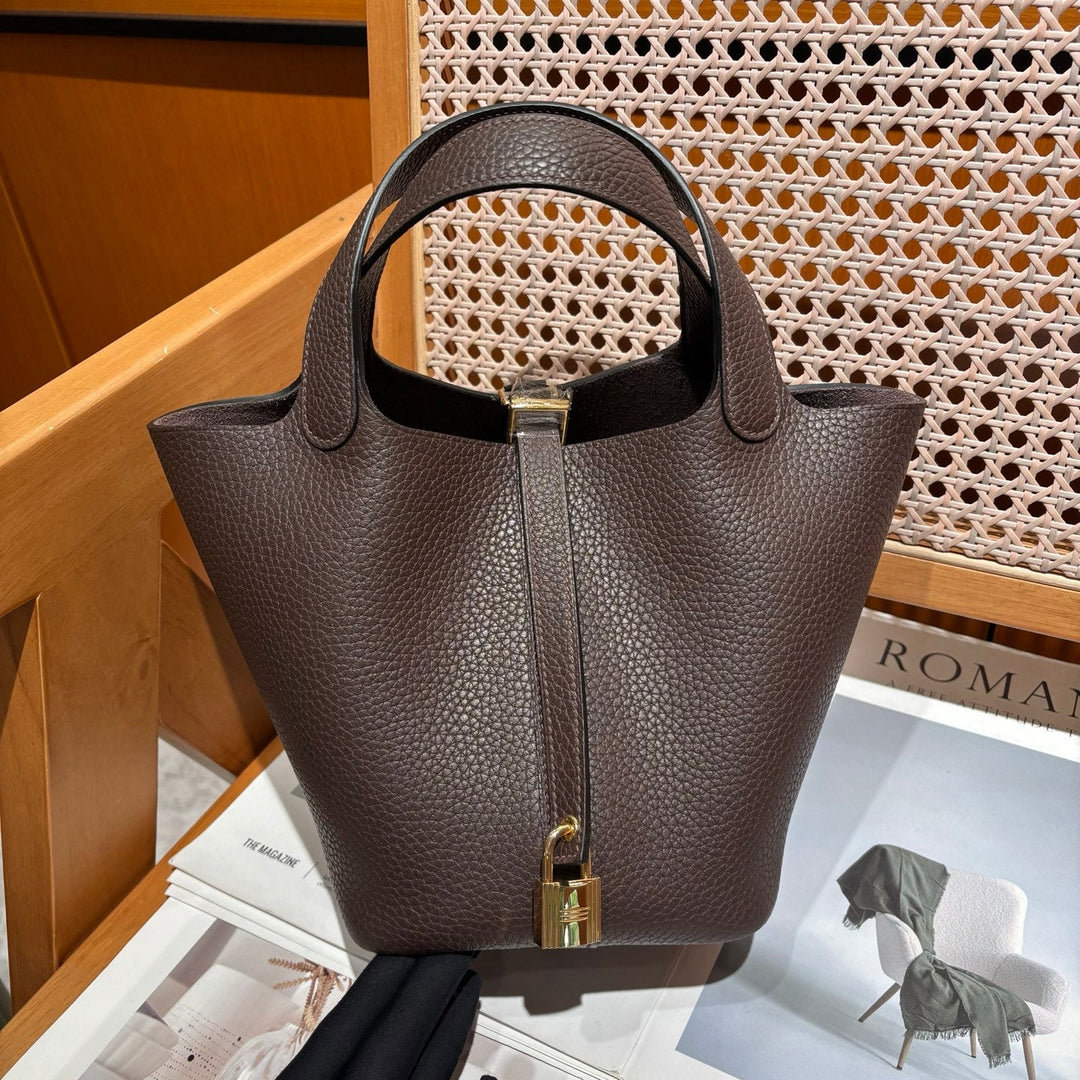 Women's Pebbled Leather Bucket Bag with Handle and Shoulder Strap