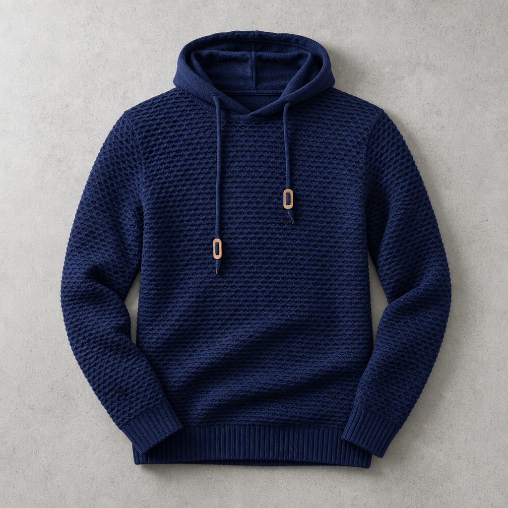 Gebreide hoodie voor heren met mandweefsel en trekkoord