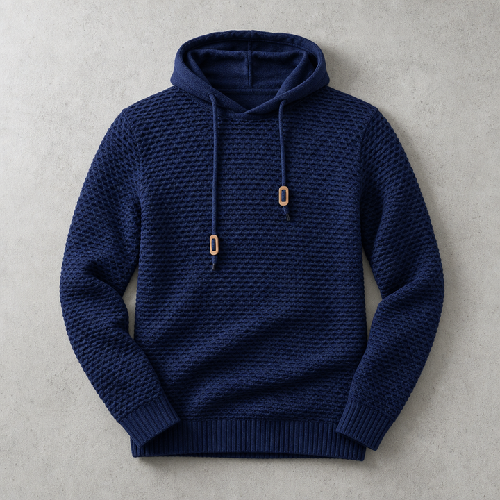 Gebreide hoodie voor heren met mandweefsel en trekkoord