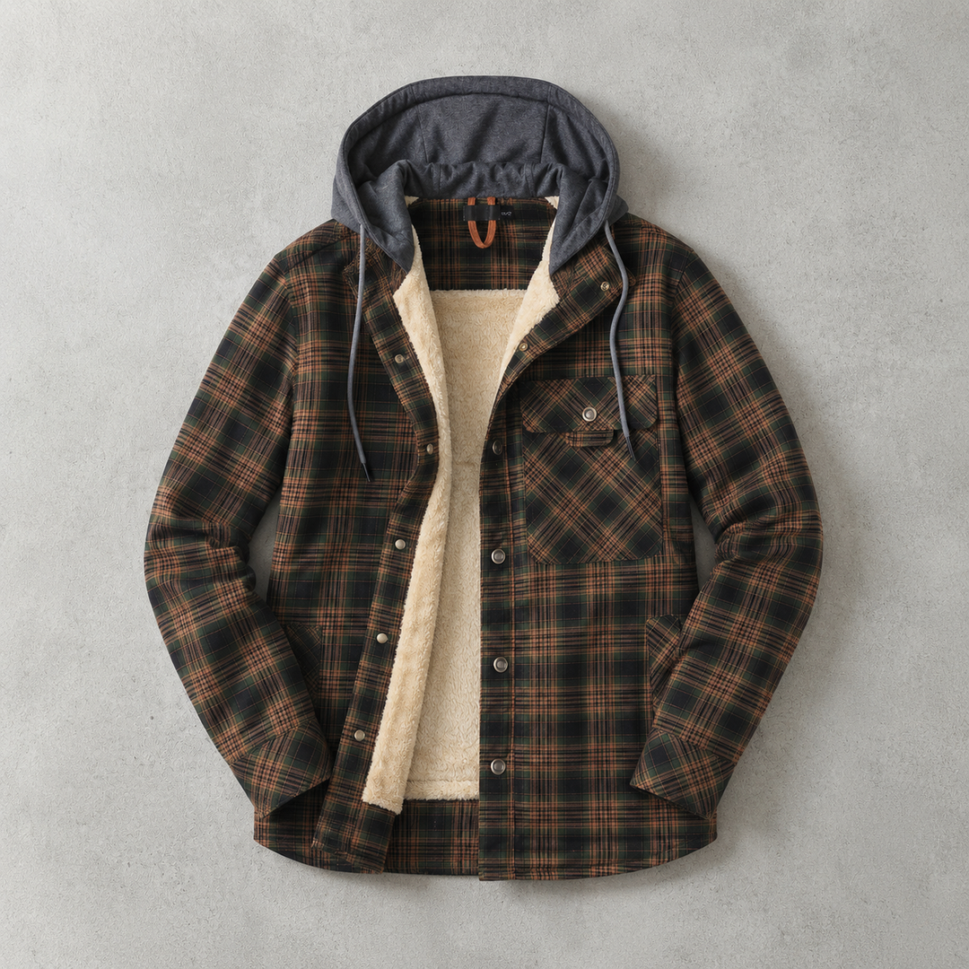 Men's plaid-pattern hooded overshirt lined with faux fur