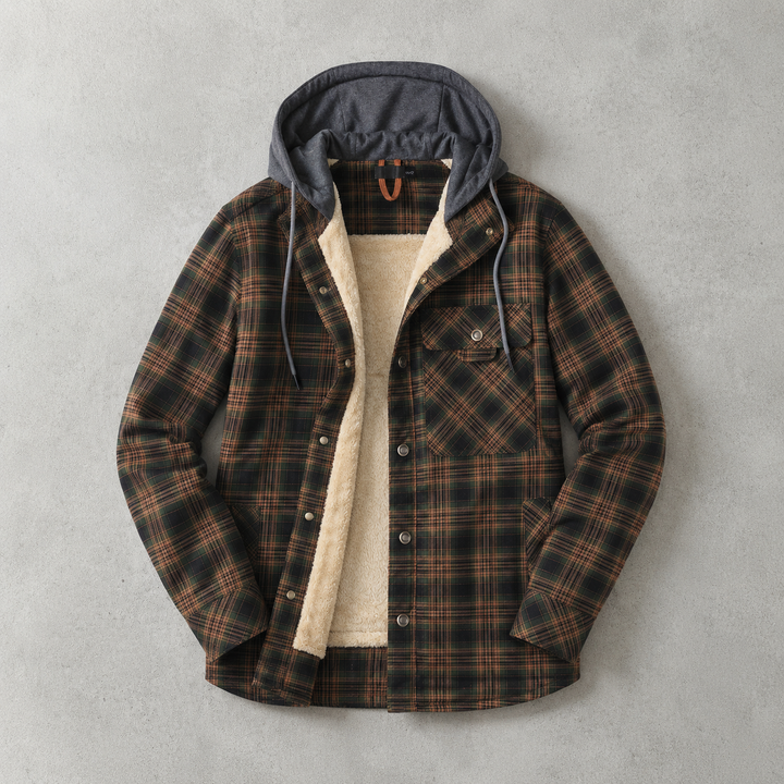Men's plaid-pattern hooded overshirt lined with faux fur