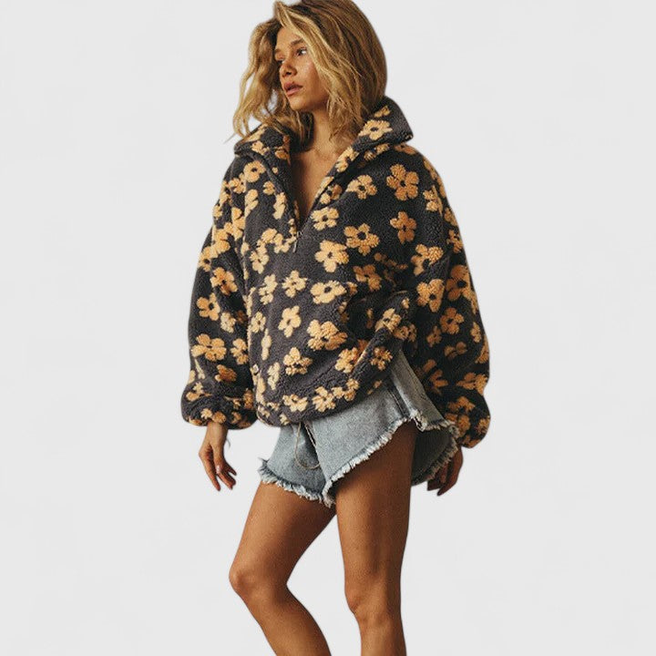 Felpa sherpa da donna - stampa floreale, collo alto e mezza zip