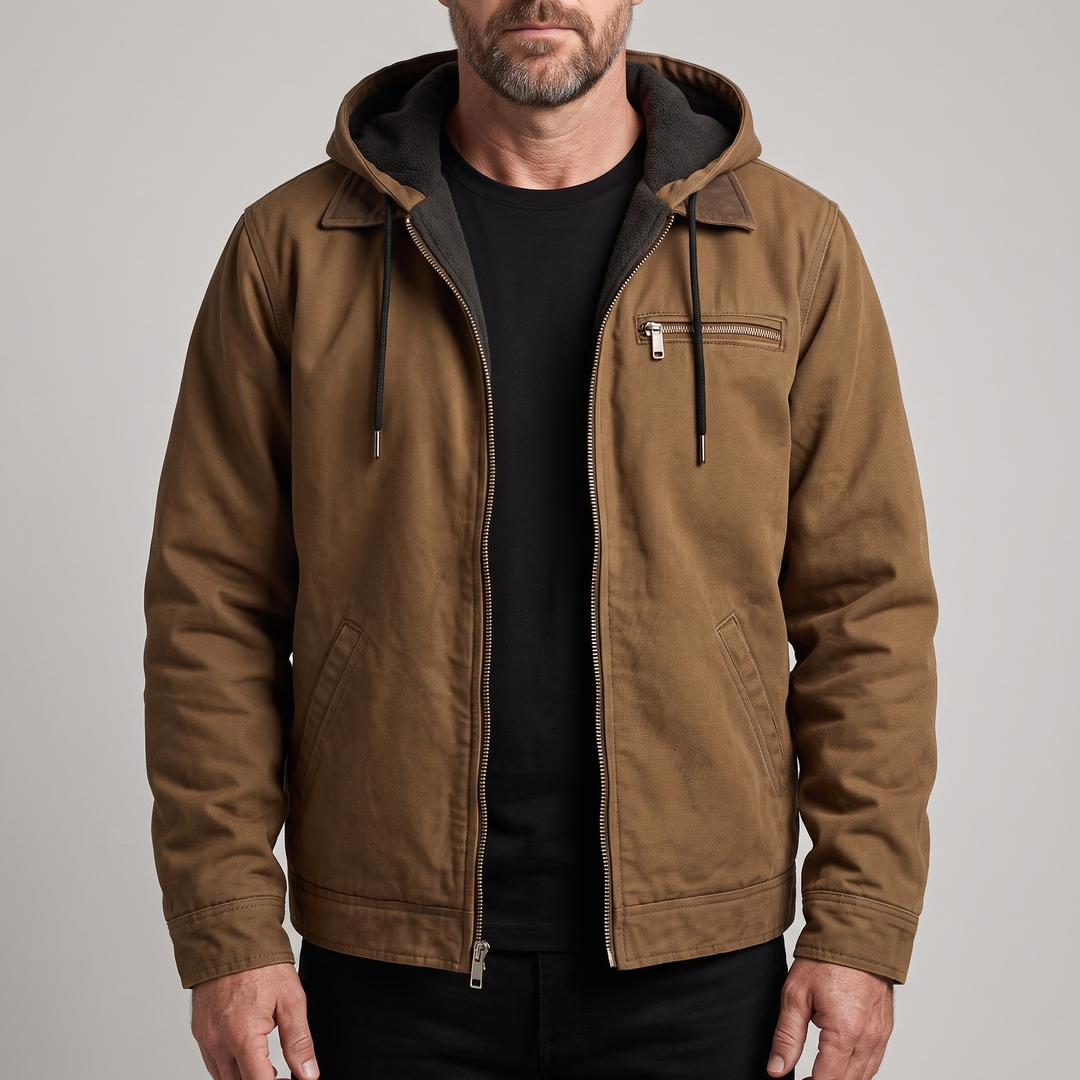 Bomberjacke aus Canvas für Herren mit Sherpa-Futter, Kapuze und Reißverschluss