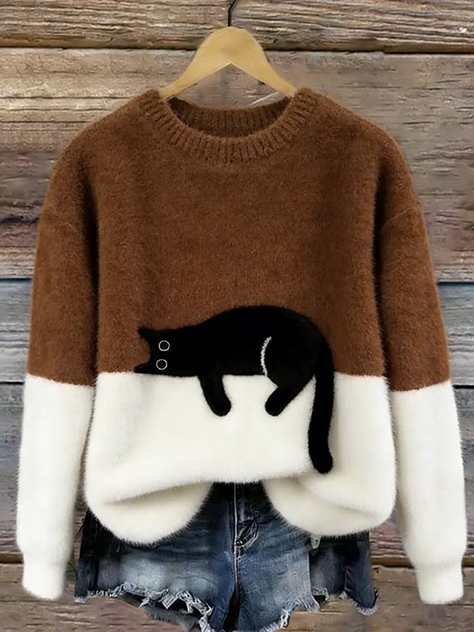 Women's knit sweatshirt - Two-tone with black cat motif