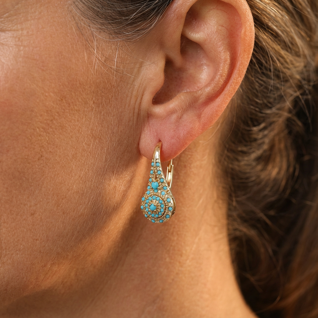 Boucles d’Oreilles Fleur Turquoise Plaquées Or