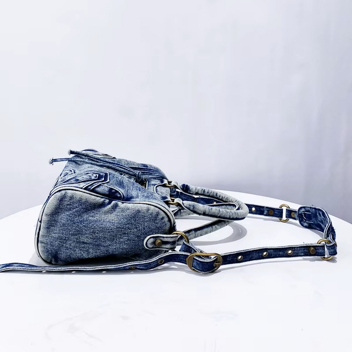 Women's Washed Denim Handbag with Zippered Pockets and Handles