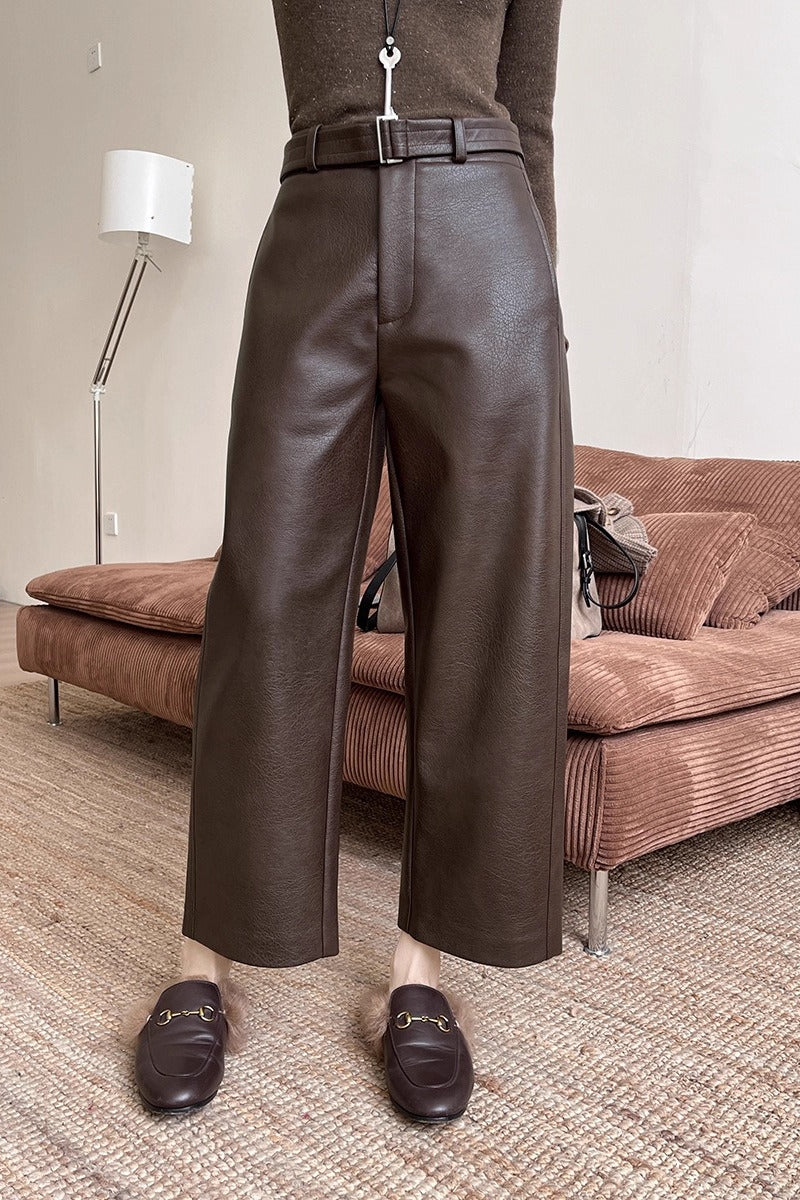 Women's Wide-Leg Trousers - Textured Matte PU Finish, Mid-Rise Waist