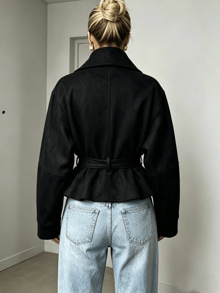 Veste Femme Col Montant Ceinturée En Daim Avec Manches Longues