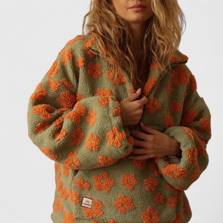 Felpa sherpa da donna - stampa floreale, collo alto e mezza zip
