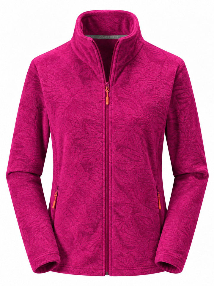 Women's Zip-Up Fleece Jacket with Stand-Up Collar and Foliage Pattern
