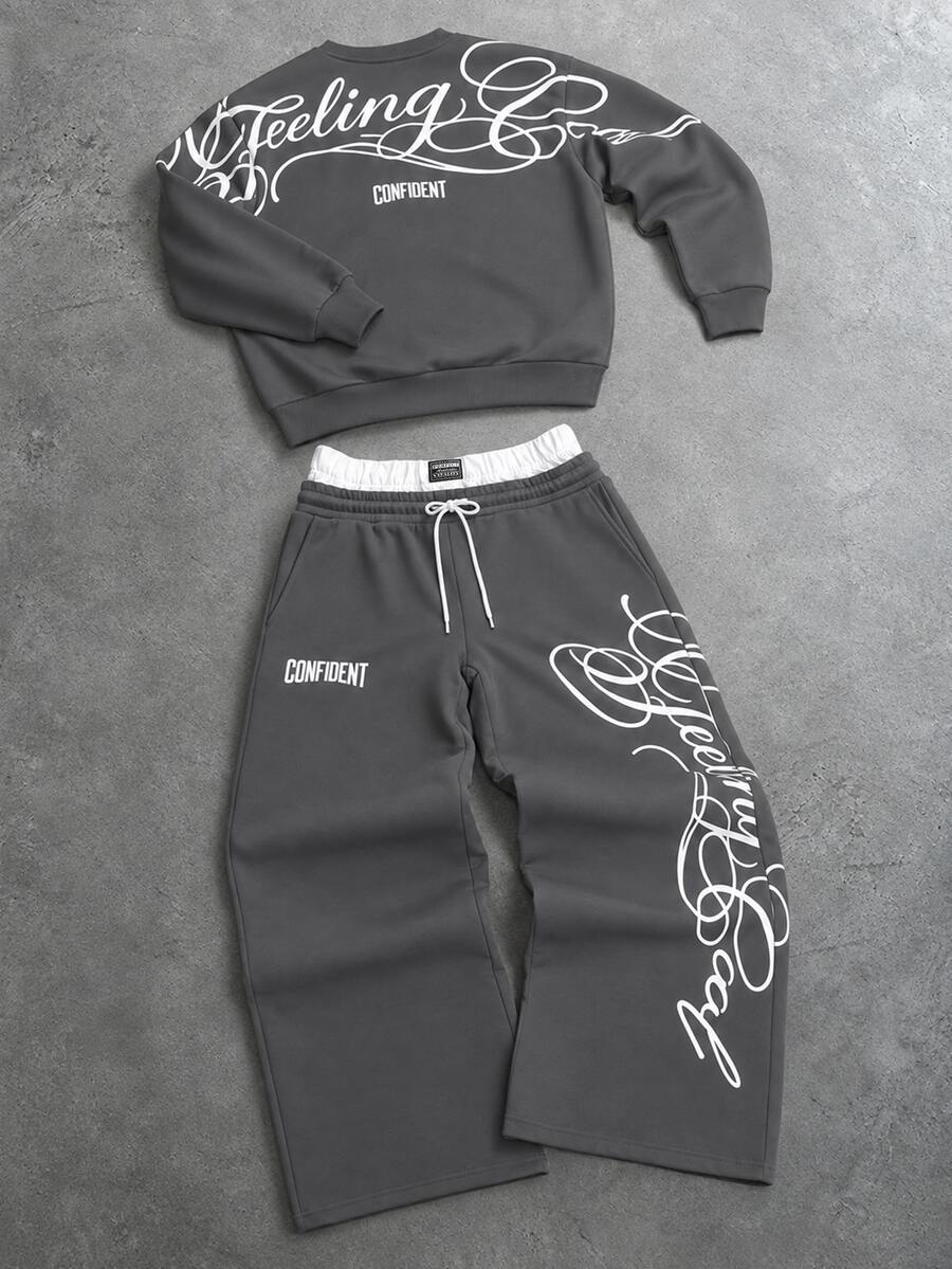 Herren-Trainingsanzug mit Rundhalsausschnitt, Gothic-Print und weiter Hose