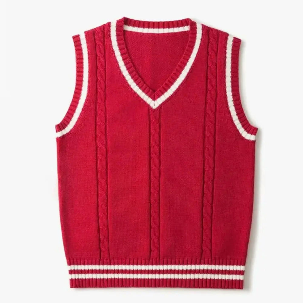 Gilet sans manches pour homme en rouge, avec un col en V et des détails en câble. Les bords côtelés blancs ajoutent une touche dynamique à ce modèle moderne, idéal pour un look sportif et élégant.