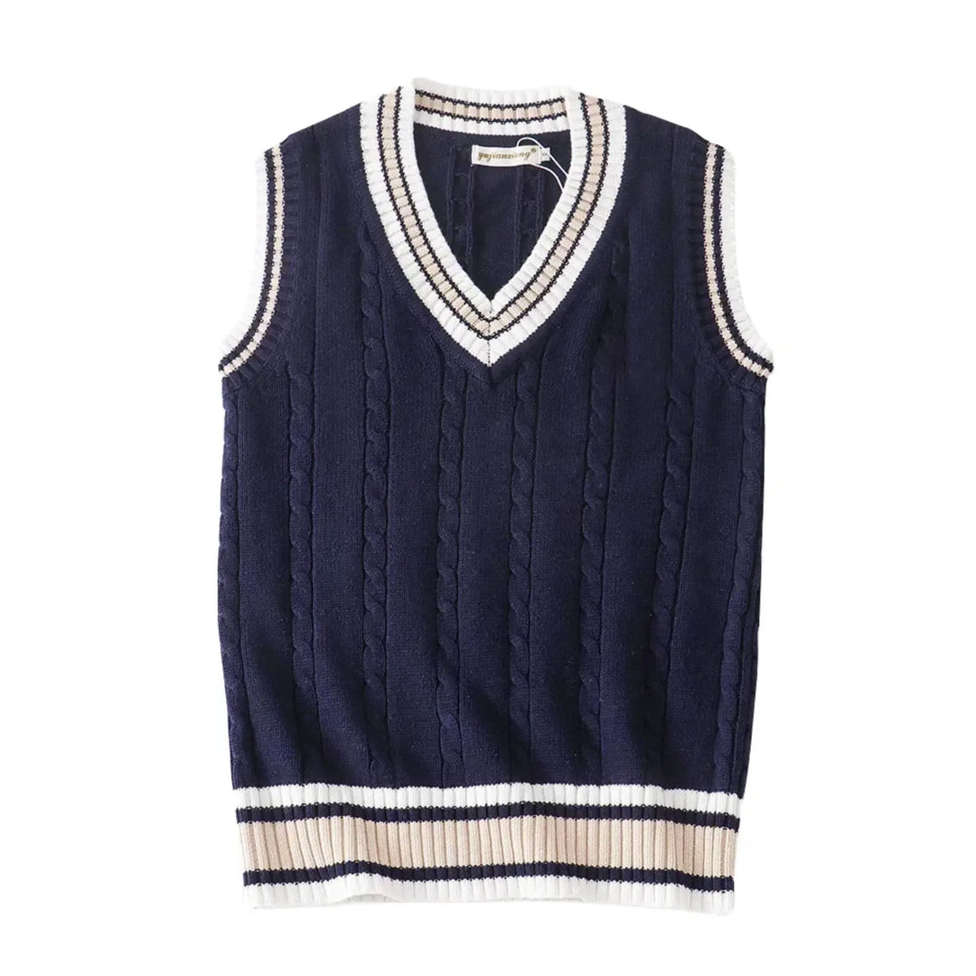 Gilet sans manches pour homme de couleur bleu marine, avec un col en V et des détails en câble. Les bords côtelés blancs et beige ajoutent une touche sportive et élégante, parfait pour un look décontracté et moderne.