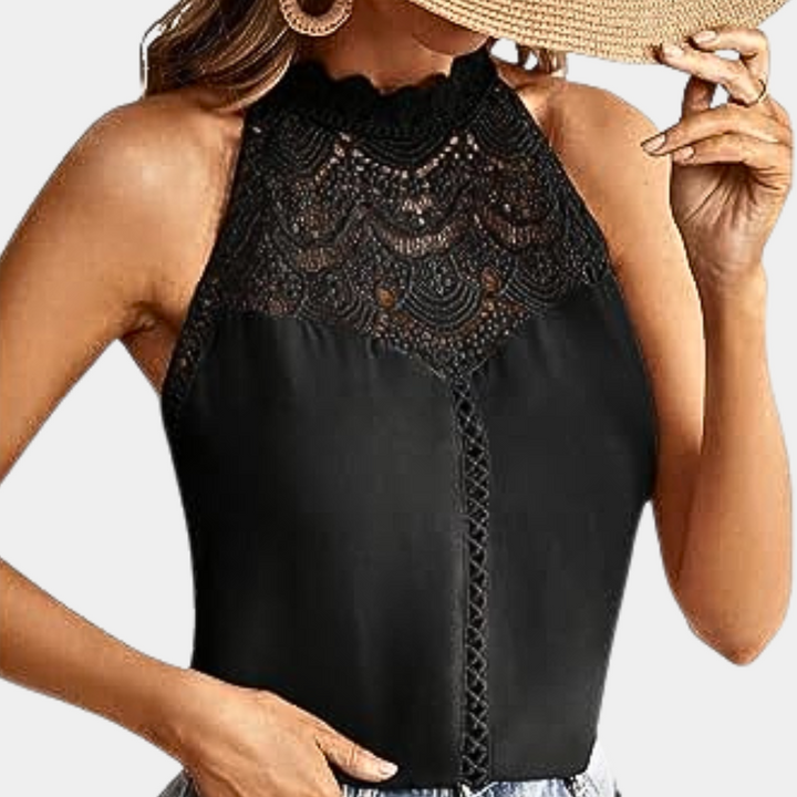 Débardeur Anissa pour femme, de couleur noire élégante, avec un col haut en dentelle raffinée et des détails délicats. Ce modèle moderne et chic est parfait pour une tenue estivale sophistiquée et décontractée.