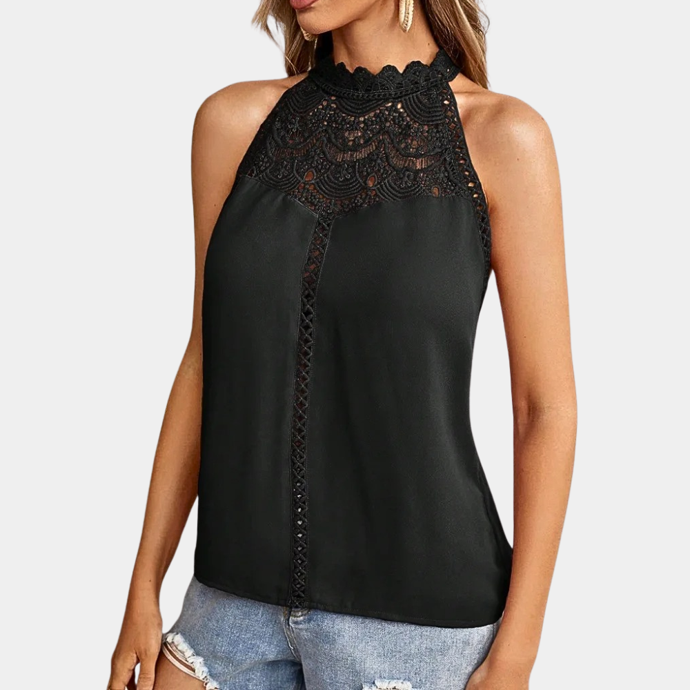 Débardeur Anissa pour femme, de couleur noire, avec un col haut et une dentelle élégante. Ce modèle moderne et raffiné est parfait pour un look chic et décontracté, idéal pour toutes vos occasions.