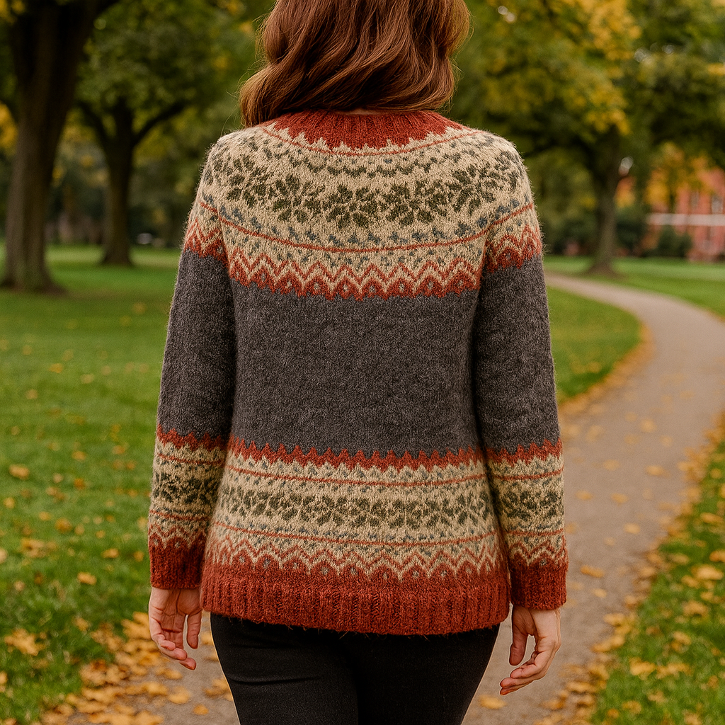 Vue de dos d’une femme portant un cardigan en maille décoré de motifs nordiques dans des tons gris, beige, vert olive et rouge brique, posant en extérieur sur une allée bordée d’arbres en automne.