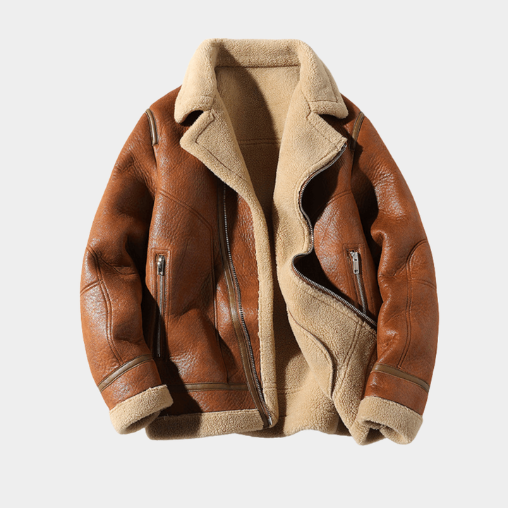 Genuine Brown Lambskin Leather Jacket for Men with Notched Collar