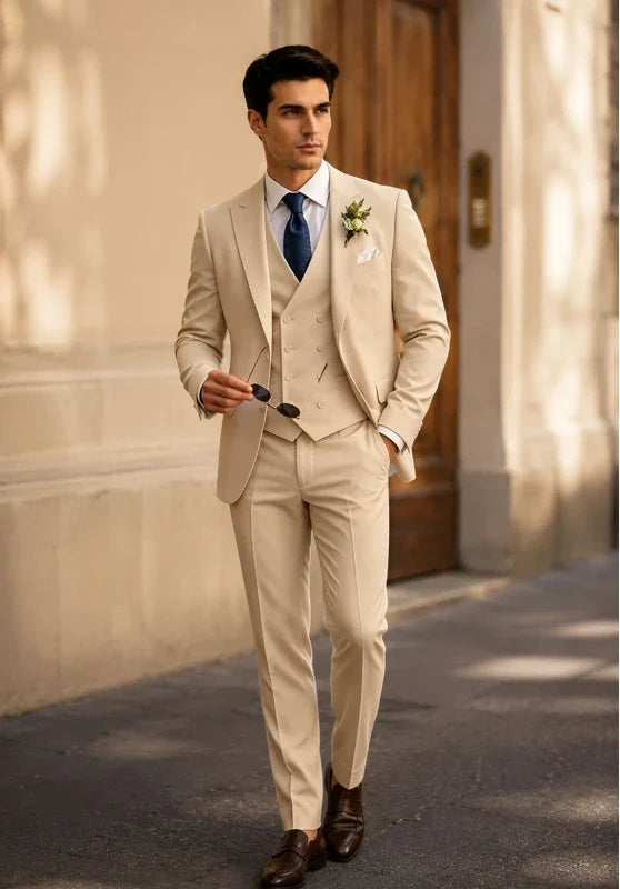 Costume Trois Pièces Homme Coupe Slim avec Gilet Croisé et Poches à Rabat