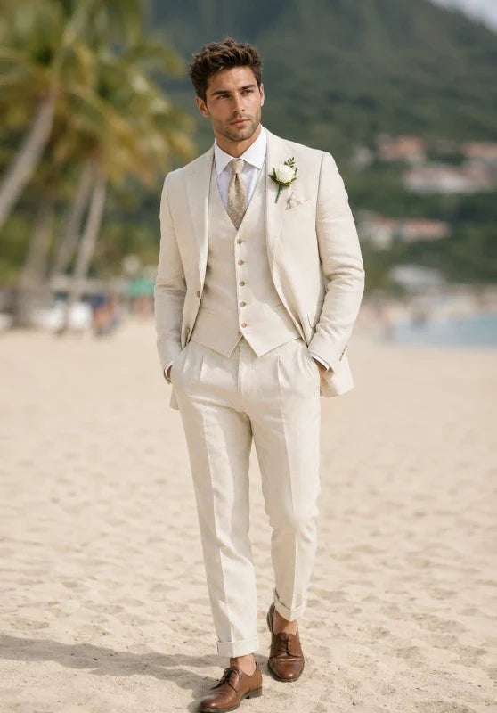 Costume Trois Pièces Homme Coupe Slim en Lin avec Col Peak et Gilet Col V