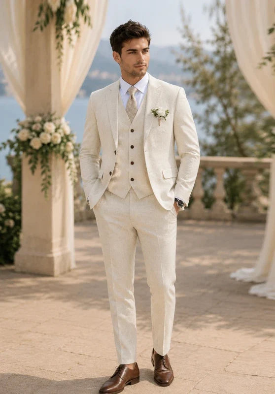 Costume Trois Pièces Homme Coupe Regular en Lin Respirant avec Col Notch et Gilet Cinq Boutons