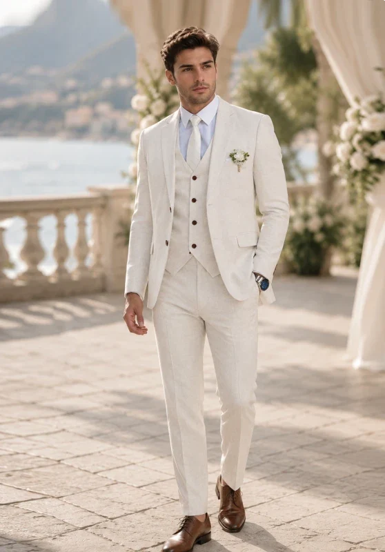 Costume Trois Pièces Homme Coupe Regular en Lin avec Col Notch et Gilet Boutonné