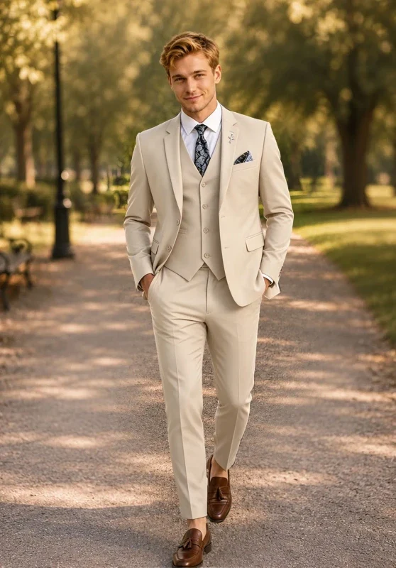Costume Trois Pièces Homme Coupe Slim avec Col Notch et Gilet Cinq Boutons