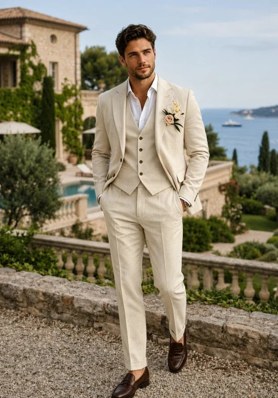 Costume Trois Pièces Homme en Lin avec Col Notch et Gilet Assorti