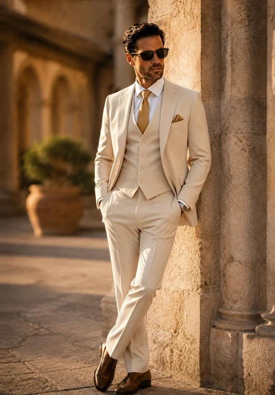 Costume Trois Pièces Homme Coupe Slim avec Col Notch et Gilet Col V