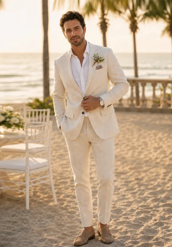 Traje de dos piezas para hombre de corte slim en lino, con solapas de muesca y bolsillos con solapa