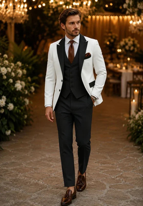 Costume Trois Pièces Homme Coupe Slim avec Col Châle et Gilet Boutonné