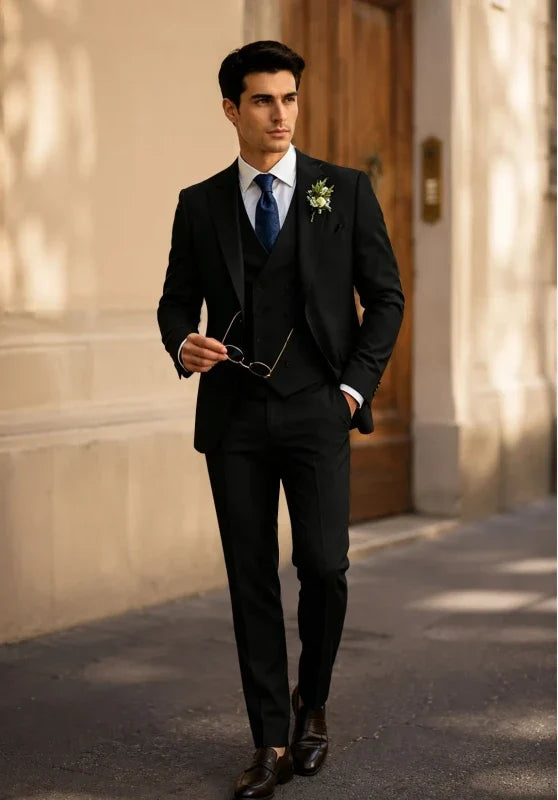 Costume Trois Pièces Homme Coupe Slim avec Gilet Croisé et Poches à Rabat
