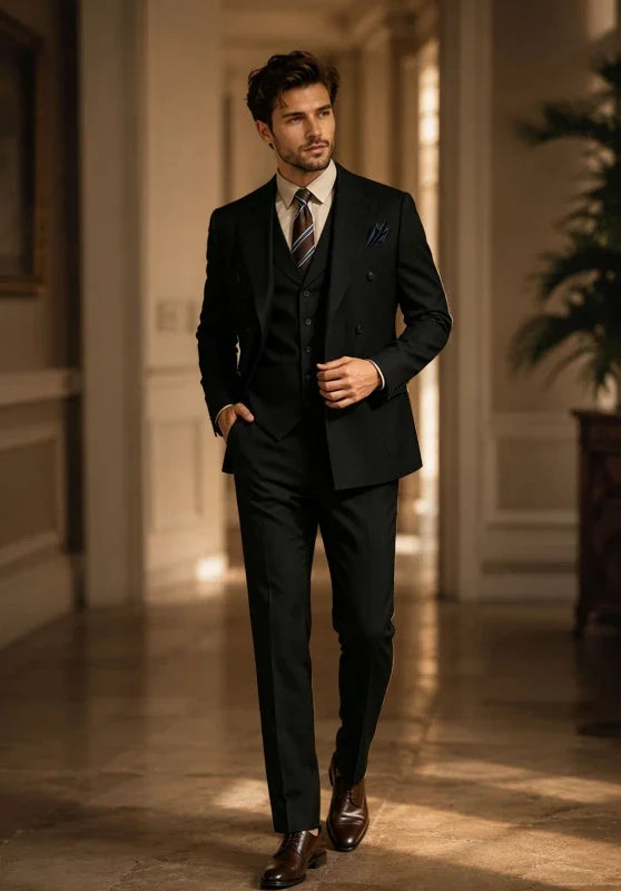 Costume Trois Pièces Homme Coupe Slim avec Veste Croisée et Col Peak