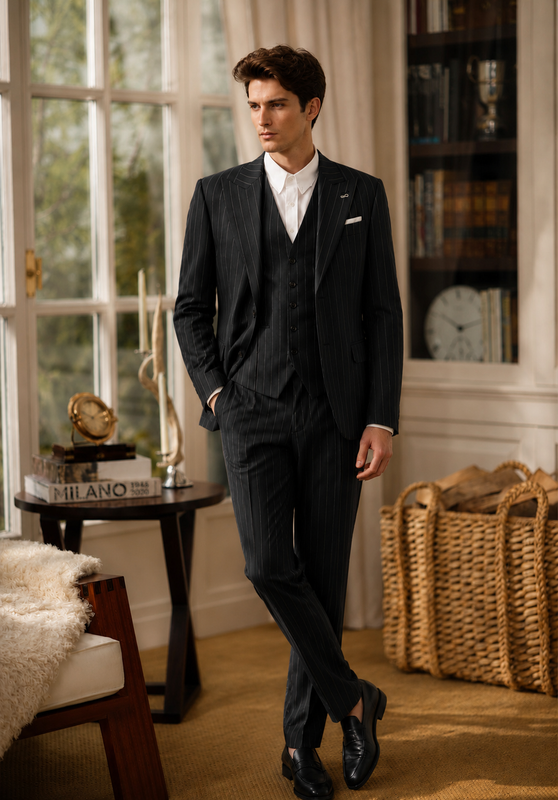 Costume Trois Pièces Homme Coupe Slim à Rayures avec Col Notch et Gilet Cinq Boutons