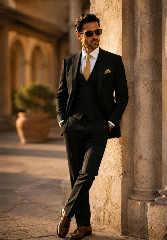 Costume Trois Pièces Homme Coupe Slim avec Col Notch et Gilet Col V
