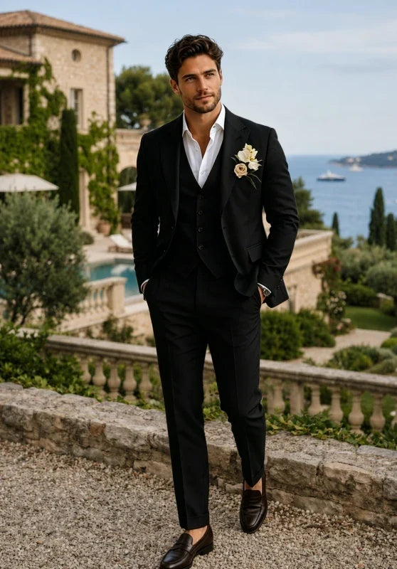 Costume Trois Pièces Homme en Lin avec Col Notch et Gilet Assorti
