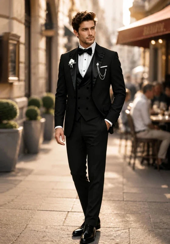 Costume Trois Pièces Homme Coupe Slim avec Col Peak Contrastant et Gilet Croisé