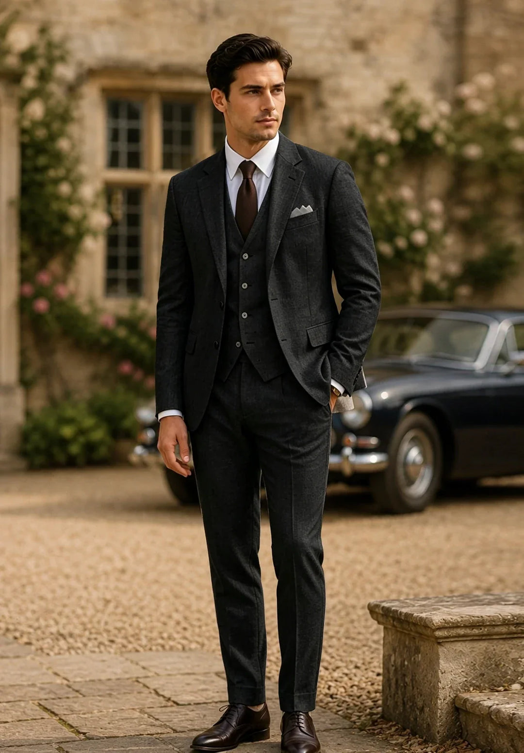 Costume Trois Pièces Homme Coupe Ajustée en Lin avec Col Notch et Gilet Cinq Boutons