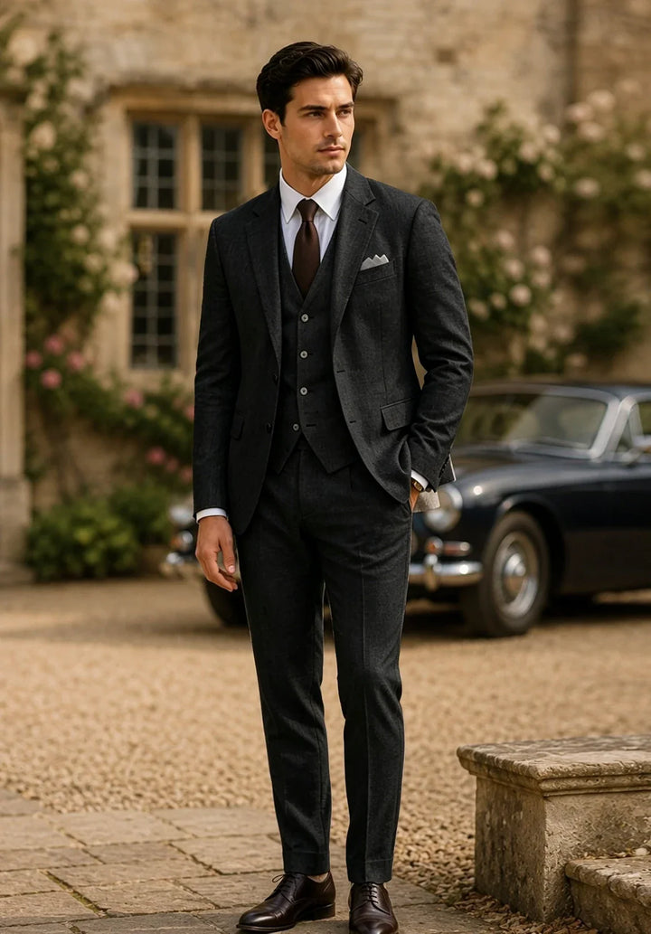 Costume Trois Pièces Homme Coupe Ajustée en Lin avec Col Notch et Gilet Cinq Boutons