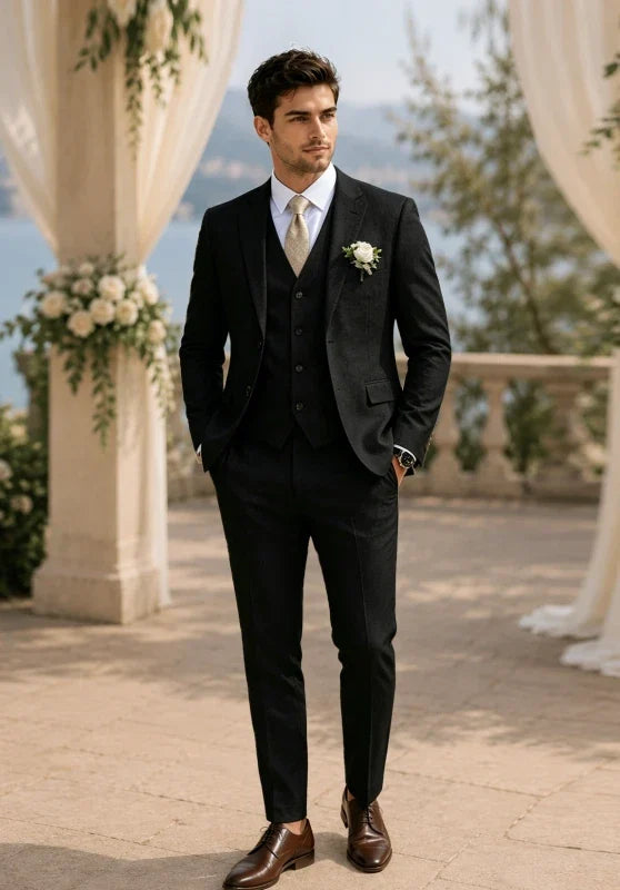 Costume Trois Pièces Homme Coupe Regular en Lin Respirant avec Col Notch et Gilet Cinq Boutons