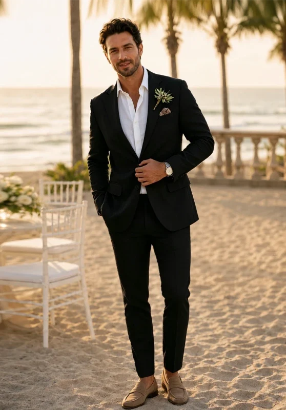 Traje de dos piezas para hombre de corte slim en lino, con solapas de muesca y bolsillos con solapa