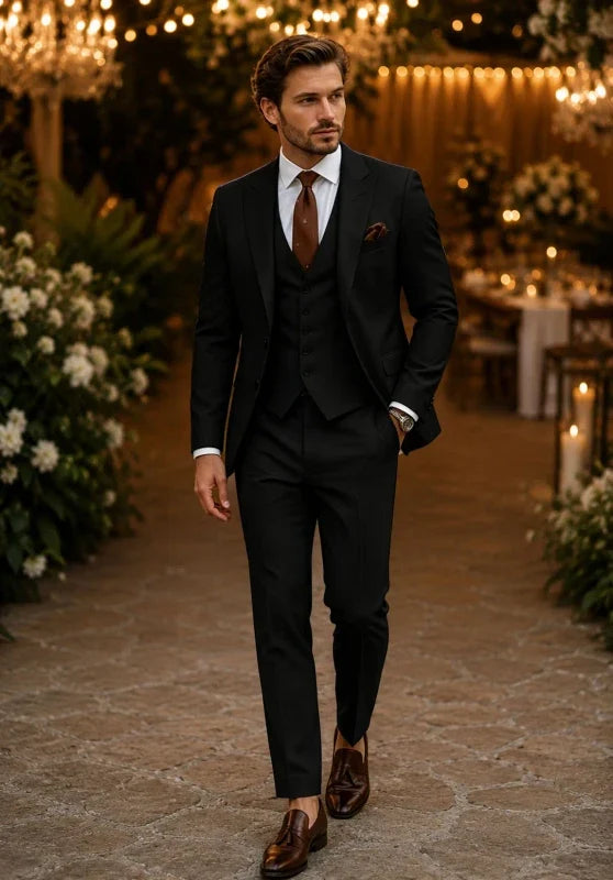 Costume Trois Pièces Homme Coupe Slim avec Col Châle et Gilet Boutonné