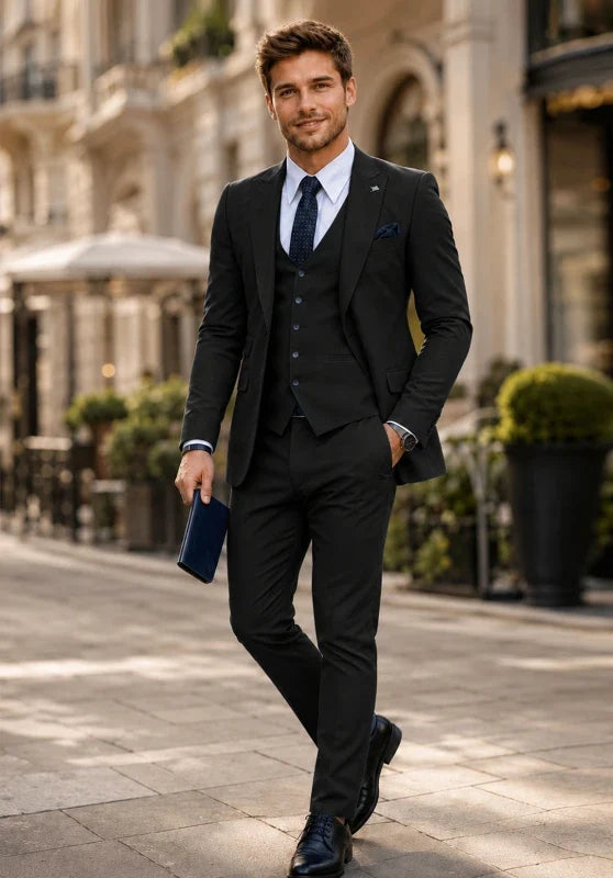 Costume Trois Pièces Homme Coupe Slim avec Col Notch et Gilet Quatre Boutons