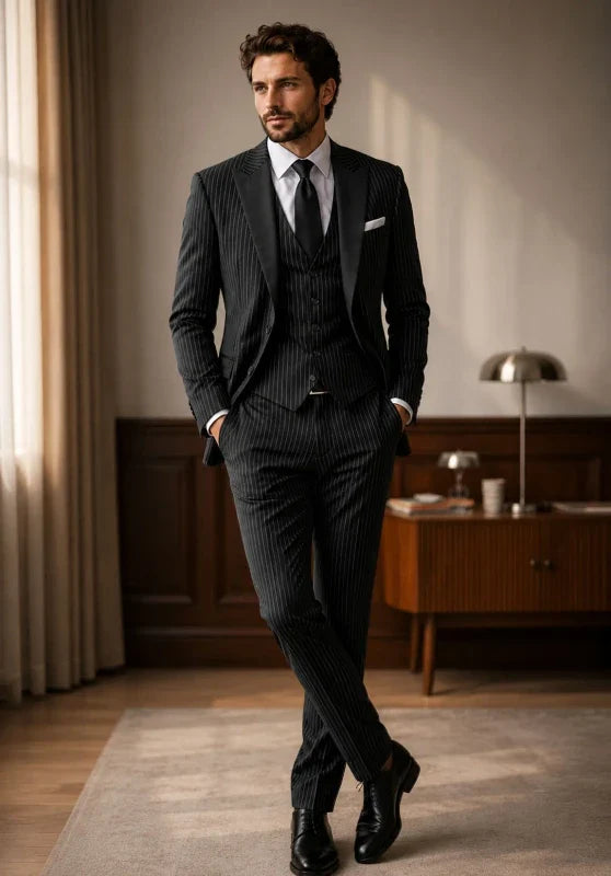 Costume Trois Pièces Homme Coupe Slim à Rayures avec Col Contrastant et Gilet Assorti