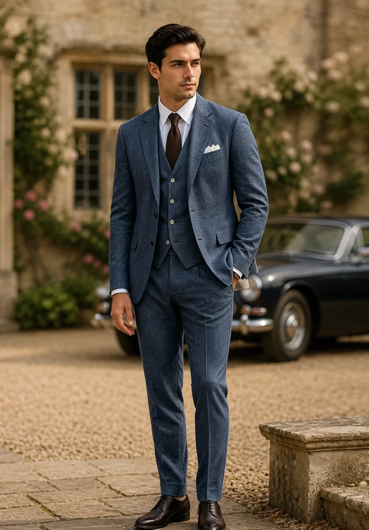 Costume Trois Pièces Homme Coupe Ajustée en Lin avec Col Notch et Gilet Cinq Boutons