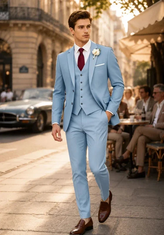 Costume Trois Pièces Homme Cintré avec Gilet et Pantalon Assortis